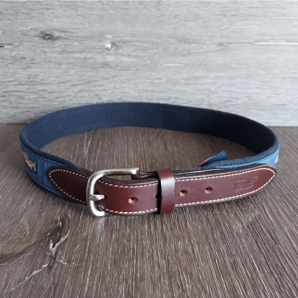 Vineyard Vines Rainbow Trout Ribbon Brass Leather Belt Brown Navy Size 28